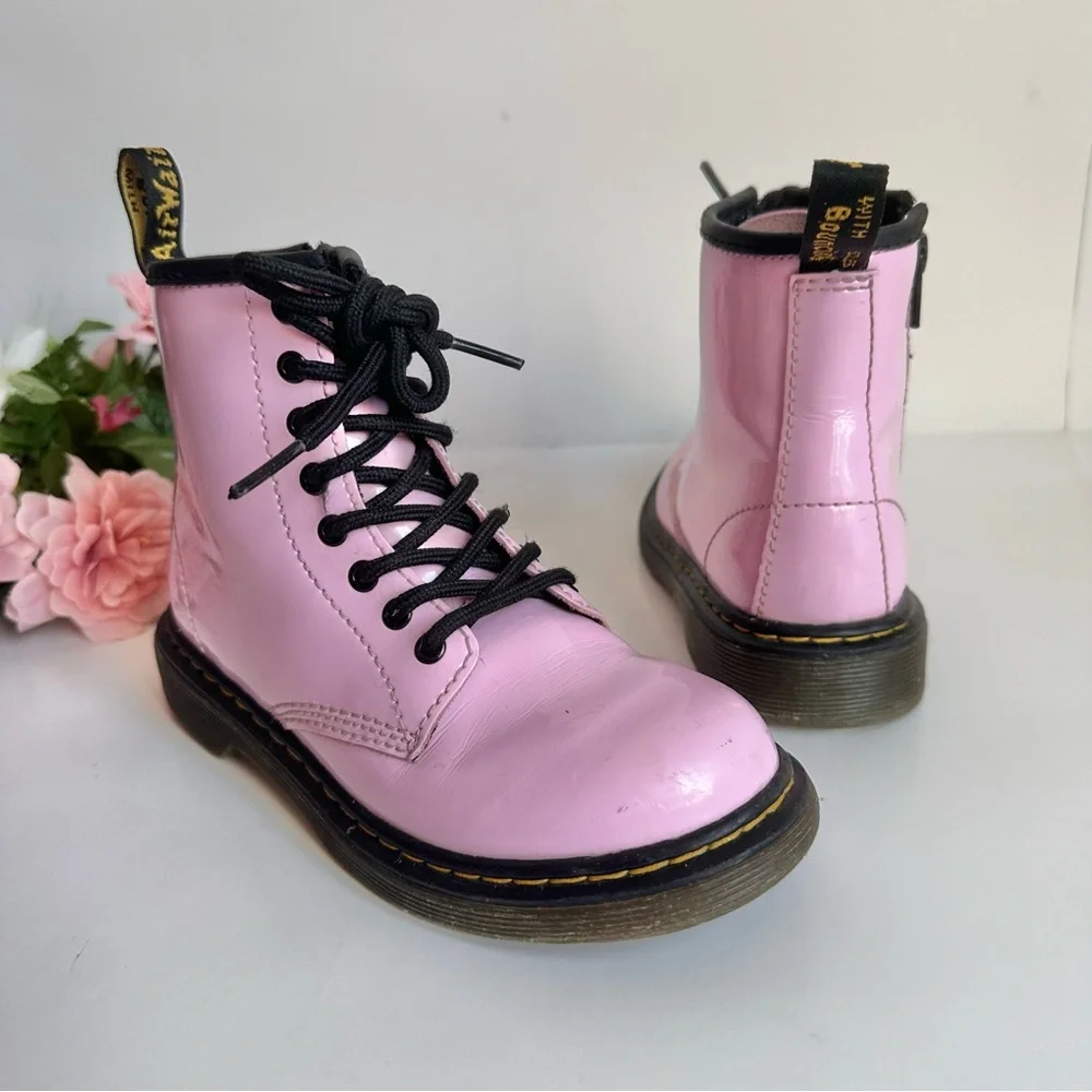Dr. Martens Lamper 1460J Light Pink Patent Leather Lace Up- Side Zip Girl Boots